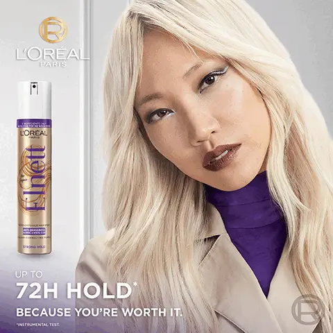 Image 1, 6 L'OREAL PARIS L'OREAL Elnett STRONGHOLD UP TO 72H HOLD BECAUSE YOU'RE WORTH IT. "INSTRUMENTAL TEST Image 2, ANTI-BRASSINESS FOR BLOND & WHITE HAIR "INSTRUMENTAL TEST. L'ORÉAL PARIS Elnett HORO OFFUSION HARS ANTI-BRASSINESS LOR-CORRECTING PUR STRONG HOLD ✓ UP TO 72H HOLD ✓ NEUTRALISE UNWANTED YELLOW TONES ✓ NO RESIDUE ✓ NO TRANSFER ✓ NO SILICONE Image 3, "INSTRUMENTAL TEST. PATENTED TECHNOLOGY L'OREAL PARIS Elnett DOFFUSION WA ANT-BASSINESS -CORRECTING STRONG HOLD ✓ MICRO-DIFFUSION HAIRSPRAY FOR UP TO 72H HOLD' COLOUR CORRECTING PURPLE, NEUTRALISES BRASSY TONES Image 4, PICK YOUR HOLD L'OREAL PARIS ONLY ENGREDIENTS OF L'ORÉAL PARIS LOREAL PARIS Inett Elnett ett O-OFFUSION HAR MCRO-OFFUSION HAY STRONG HOLD WITH VITAMIN AT THE STROKE ANT-BRASSINESS OCELO COLOUR-CORRECTING PLE STRONGHOLD FUSION HARS NORMAL HOLD WITH VITAMIN AT THE STROKE OF