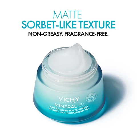 Image 1 - A close-up of a jar of Vichy Minéral 89 48H Moisture Matte Sorbet cream with a light blue gradient and text displaying MATTE SORBET-LIKE TEXTURE NON-GREASY. FRAGRANCE-FREE.
Image 2 - A young man with curly hair is leaning slightly forward wearing a black shirt, with the text UP TO 48H HYDRATION* prominently displayed alongside him.
Image 3 - A young woman with a sleek hairstyle holds a jar of Vichy Mineral 89 cream next to her face, with text above stating SKIN IS INSTANTLY MATTIFIED & PORES LOOK MINIMISED.
Image 4 - Image shows two sections with hyaluronic acid represented by close-up water droplets on the left and mattifying powder with a light blue splash on the right, featuring the text HYALURONIC ACID on the left and MATTIFYING POWDER on the right, with the phrase HYDRATES, PLUMPS & INSTANTLY MATTIFIES SKIN at the bottom.
Image 5 - Three skincare products arranged in a row include a transparent bottle labeled Vichy Mineral 89 Boosting Serum, a pale blue jar labeled Mineral 89 48H Matte Sorbet, and a pale blue tube labeled Vichy Mineral 89 SPF 50+ Daily Fluid, with steps indicating Strengthen, Moisturise, and Protect.