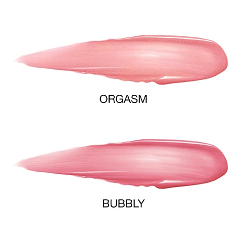 image 1, swatches of orgasm and bubbly. image 2, swatches of orgasm a peachy pink with golden shimmer on three different skin tones. image 3, swatches of bubbly a petal pink on three different skin tones.