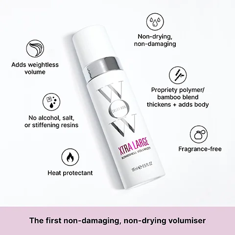 A white bottle of Color Wow Xtra Large Bombshell Volumizer 195ml 6.5 FL OZ hair product is depicted, with surrounding text listing its features: Adds weightless volume, No alcohol, salt, or stiffening resins, Heat protectant, Non-drying, non-damaging, Proprietary polymer/bamboo blend thickens + adds body, Fragrance-free, and a tagline at the bottom reads The first non-damaging, non-drying volumiser.