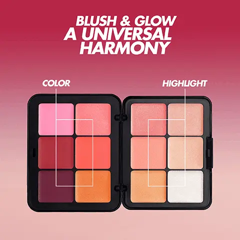 Blush & glow a universal harmony, color, highlight. A palette for all skin tones, light, medium, tan to deep. How to use your HD skin blush & glow palette. Blush with brush #154. Highlight with brush #144. 12 universal shades to mix & match. Cool light pink, shimmering warm pink, cool medium red, warm medium orange, cool dark purple, shimmering warm orange, shimmering warm red, shimmering cool pink, shimmering warm copper, shimmering cool gold, shimmering warm gold, shimmering neutral silver.