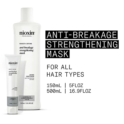 Image 1, anti-breakage strengthening mask for all hair types. image 2, up to 97% reduction in hair breakage. based on hair length of 12 inch/30cm, measured by weight of broken hair vs non conditioning shampoo. image 3, for all hair types. leaves hair conditioned and smooth. helps to protect and strengthen the hair. reduces significant hair breakage. protects hair density. image 4, how to use. 1 = after shampooing, work evenly through hair. 2 = leave on for 2-5 minutes. 3 = rinse well. image 5, orange extract = rich in vitamin c and antioxidants, orange extract can protect hair and scalp from damage. lemon peel extract = provides benefits like gentle cleansing, shine enhancement and oiliness regulation. hydrolized silk = improves the texture and manageability of hair by providing moisture and smoothness. image 6, nioxin pro clinical. nioxin grows results. only nioxins advanced scalp science can target hair thinning and hair loss for proven results. you can see and feel. image 7, new look same great formula.