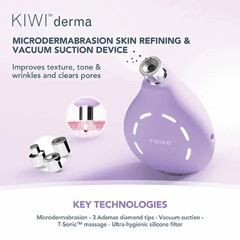 Image 1, KIWITM derma MICRODERMABRASION SKIN REFINING & VACUUM SUCTION DEVICE. Improves texture, tone & wrinkles and clears pores FOREO KEY TECHNOLOGIES Microdermabrasion - 3 Adamas diamond tips - Vacuum suction - T-SonicTM massage - Ultra-hygienic silicone filter Image 2, FOREO KIWITM ACTIVE PORE & BLACKHEAD MASK Perfect prep for KIWIT pore vacuum device FOREO KIWI ACTIVE PORE & BLACKHEAD MASK MASQUE ACTIF ANTI-PORES ET POINTS NORS KEY INGREDIENTS Jojoba, Meadowfoam & Baobab Seed Oil Complex - Kaolin, Bentonite & Charcoal - Cica Image 3, MOISTURIZING JOJOBA, MEADOWFOAM & BAOBAB SEED OIL DETOXIFYING KAOLIN, BENTONITE & CHARCOAL SOOTHING CICA (CENTELLA ASIATICA) Image 4, SKIN REFINING TREATMENT IMPROVES SKIN TEXTURE REDUCES APPEARANCE OF WRINKLES UNCLOGS & MINIMIZES PORES INCREASES ABSORPTION OF SKINCARE Image 5, KIWITM derma Do's Regular moisturiser applications are vital to replenish the skin, preventing dryness and peeling • Use SPF 30+ daily • Cleanse using a balm/oil cleanser in the evenings with a damp cloth, following up with a gel/cream cleanser to remove any SPF or makeup • Use UFOTM 3 to hydrate, replenish, and calm skin post-treatment and resume your skincare after 1 week Dont's • A week before microdermabrasion treatment avoid retinol, chemical exfoliants, and Vitamin C • For 24 hours: Avoid hot showers/baths, swimming, hair removal, fake tan and makeup • For 48 hours: Avoid sun exposure or sunbeds • For 72 hours: Do not use any anti-aging creams. AHA's, glycolics, retinol, exfoliating products, or Vitamin C Image 6, AFTER BEFORE REDUCES FINE LINES & WRINKLES EVENS SKIN TEXTURE AND TONE Image 7, BEFORE AFTER