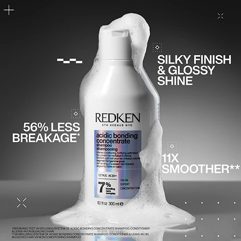 Image 1, silky finish and glossy shine. 56% less breakage. 11 times smoother. image 2, 56% less breakage. 90% more conditioned. 11 times smoother. image 3, 14 times smoother hair. 2 times stronger hair. works in 5 minutes. image 4, citric acid and bonding care complex helps repair bonds and prevent future damage. image 5 and 6, before and after one use. image 7, reinforce weak bonds. damaged bond vs repaired bond. image 8, best i've ever used and i'm a hairdresser - received the product to try from marie claire beauty drawer, august 2022.