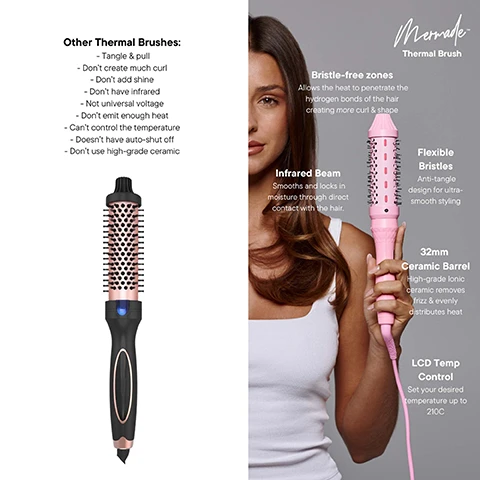 Image 1 - Image shows a side-by-side comparison of two thermal brushes, with the left featuring a black and rose gold brush and a list of drawbacks such as tangling and lack of infrared, while the right displays a woman holding a pink thermal brush highlighting features like flexible bristles, infrared beam, 32mm ceramic barrel, and LCD temperature control.
Image 2 - A woman with long, wavy brown hair is shown holding a pink styling brush; the image is divided into two halves labeled Before on the left and After on the right, with the After side showing her hair styled and shiny.