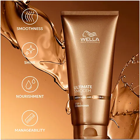 Image 1 - A brown tube of Wella Professionals Ultimate Smooth conditioner is displayed, with liquid splashes in the background; visible text includes Ultimate Smooth, with Squalane & Omega-9, STEP 2, and CONDITIONER, along with icons representing smoothness, shine, nourishment, and manageability.
Image 2 - Image shows an illustration depicting a split hair strand with descriptions of effects; visible text includes PATENTED TECHNOLOGY WITH SQUALANE & OMEGA 9 OUTSIDE Creates a protective barrier INSIDE It deeply nourishes the hair.
Image 3 - Image shows a product lineup for Wellas Ultimate Smooth hair care routine, featuring four items: a shampoo bottle labeled ULTIMATE SMOOTH CLEAN, a conditioner tube labeled ULTIMATE SMOOTH CONDITION, a treatment jar labeled ULTIMATE SMOOTH TREAT, and a spray bottle, with the text ULTIMATE SMOOTH ROUTINE TO FIGHT FRIZZY, DRY & DULL HAIR at the top.
Image 4 - Image of Wella hair care products displayed against a golden background, featuring three bottles and a jar, with visible text stating UP TO 85% SMOOTHER HAIR, 96 HOURS FRIZZ CONTROL, and SILKY SHINE.
Image 5 - An image of a glossy, white conditioner blob against a light gray background with text that reads ULTIMATE SMOOTH CONDITIONER and RICH NOURISHING TEXTURE.
Image 6 - A bottle of hair treatment oil is lying on a tan surface with droplets of the liquid next to it, featuring labels that state Dermatologically Tested, Suitable for Coloured Hair, and UV and Heat Protection.