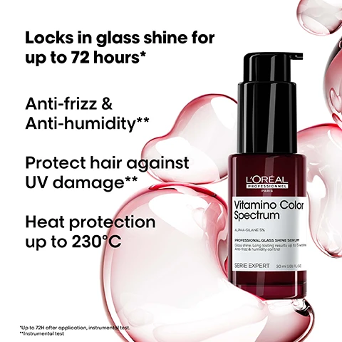Image 1 - A bottle of LOréal Professionnel Vitamino Color Spectrum hair serum is surrounded by fluid-like shapes, with visible text detailing its benefits including locks in glass shine for up to 72 hours, anti-frizz and anti-humidity, protection against UV damage, and heat protection up to 230°C.
Image 2 - A woman with flowing, vibrant hair showcases a dramatic hairstyle against a dark background, while text highlights five proven efficacy points on colour dimensions, including shine, rich colours, contrast, tone, and brightness.
Image 3 - A colorful, abstract image resembling a fluid, glossy blob with a gradient of orange, purple, and blue hues, featuring the text THE TECH 5% Alpha-silane Locks in glass shine* *Up to 72H after application, instrumental test.
Image 4 - Four images showing hair transformations labeled Before and After on two sides, with various hair styles including straight vibrant purple hair, curly blonde hair, wavy burgundy hair, and behind them, five hair care products are displayed with the text Vitamin Color Spectrum underneath and Not retouched at the bottom.
Image 5 - Image shows three hair care products from LOréals Vitamino Color Spectrum range: a bottle of professional shampoo, a jar of conditioner, and a serum, with the text The anti-fading professional routine and steps labeled 01 Cleanse, 02 Moisturise, 03 Shine.
Image 6 - A man with short hair wearing a black tank top and sitting in a white chair is displayed, alongside the text Pro favorites. Innovative. Versatile. Hair looks shiny & less frizzy. @lucasdioslo Lucas di Oslo.