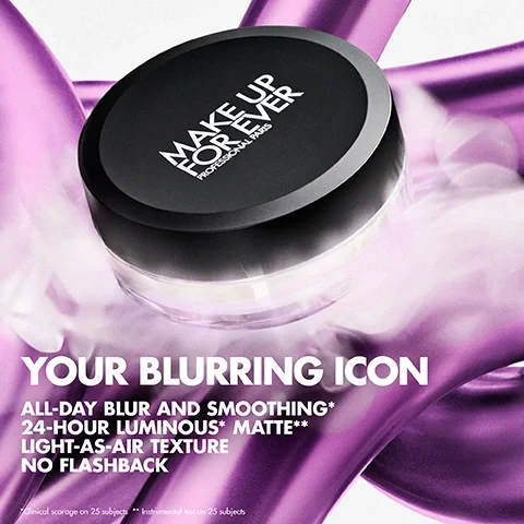 Image 1 - A circular black container with the label MAKE UP FOR EVER PROFESSIONAL PARIS on top is surrounded by flowing purple liquid, with text below stating YOUR BLURRING ICON ALL-DAY BLUR AND SMOOTHING* 24-HOUR LUMINOUS* MATTE** LIGHT-AS-AIR TEXTURE NO FLASHBACK.