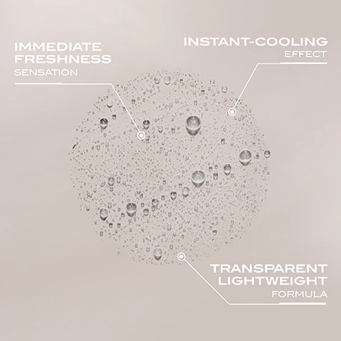 Image 1 - An abstract image of water droplets on a beige background with text labels indicating immediate freshness sensation, instant-cooling effect, and transparent lightweight formula.
Image 2 - Close-up of two arms, one lightly tanned and the other slightly darker, with text stating +82% skin cells repaired from UV-induced damage and 99% agree on the lightweight texture.
