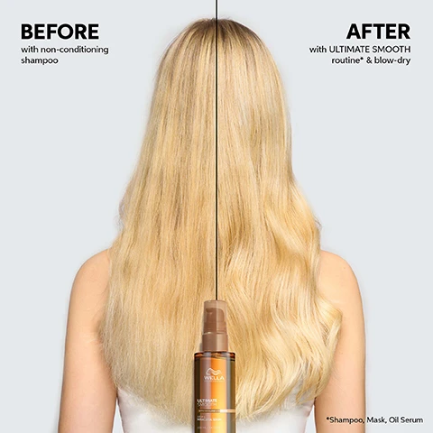 Image 1 - Image shows a comparison of hair before and after using Wellas Ultimate Smooth products, with the left side displaying frizzy hair labeled BEFORE with non-conditioning shampoo and the right side showing smooth, styled hair labeled AFTER with ULTIMATE SMOOTH routine* & blow-dry, with a bottle of the product in the center.
Image 2 - An abstract image illustrating hair strands with highlighted layers, labeled Patented Technology with Squalane & Omega 9, and text reading Outside Creates a protective barrier and Inside It deeply nourishes the hair.
Image 3 - Image depicts a Wella Professionals hair care set with three products labeled CLEAN, CONDITION, and TREAT, designed for achieving smooth hair, and the text reads ULTIMATE SMOOTH ROUTINE TO FIGHT FRIZZY, DRY & DULL HAIR.
Image 4 - Three women with different hairstyles are posed against a warm, orange background: one with curly hair in the center, one with long, blonde straight hair on the left, and one with long, wavy dark hair on the right.
Image 5 - A collection of Wella Professional hair care products labeled Ultimate Smooth sits against a warm, textured background, with visible text stating UP TO 85% SMOOTHER HAIR, 96 HOURS FRIZZ CONTROL, and SILKY SHINE.
Image 6 - A glass bottle of hair serum with a gold cap is lying on a gold surface, with droplets of serum beside it; visible text includes dermatologically tested, suitable for colored hair, and UV & heat protection up to 220 degrees.