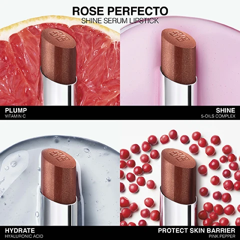 Image 1 - A lipstick tube is shown against a bright background featuring grapefruit, a light pink surface, water, and red berries, with the following labels: ROSE PERFECTO, PLUMP VITAMIN C, SHINE 5-OILS COMPLEX, HYDRATE HYALURONIC ACID, and PROTECT SKIN BARRIER PINK PEPPER.
Image 2 - Image shows four different lip finishes in shade 117, with two models displaying high shine and glossy effects on their lips, and product images for Rose Perfecto Shine Serum Lipstick, Liquid Balm, and Balm, along with text indicating benefits like 24H hydration and 8H plumping effect.