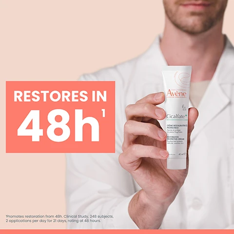 Image 1 - A healthcare professional in a white lab coat holds a tube of Avene Cicalfate cream, with the text RESTORES IN 48h prominently displayed in bold orange letters.
Image 2 - A tube of Avène Cicalfate+ restorative protective cream is displayed against a light background, with icons indicating its uses for nappy area, localized dryness, sunburn, scars appearance, very dry hands, and post-waxing, accompanied by the text 40 INDICATIONS OF USE.
Image 3 - A woman with curly hair holds a tube of skincare product while wearing a white sleeveless top, next to four labeled benefits: soothing, restoring, purifying, and nourishing.
Image 4 - A tube of Avène Soothing Eye Contour Cream is displayed alongside text stating that 98% found their eye contour to be hydrated, with additional phrases Decongests & soothes, Sensitive eyes, and Eau Thermale Avène.
Image 5 - A tube of Avene soothing eye contour cream, labeled Hydrating, Soothing, Decongesting, and Fragrance-Free, with a graphic representing each benefit and the text Soin apaisant contour des yeux and Yeux sensibles displayed on the product.
