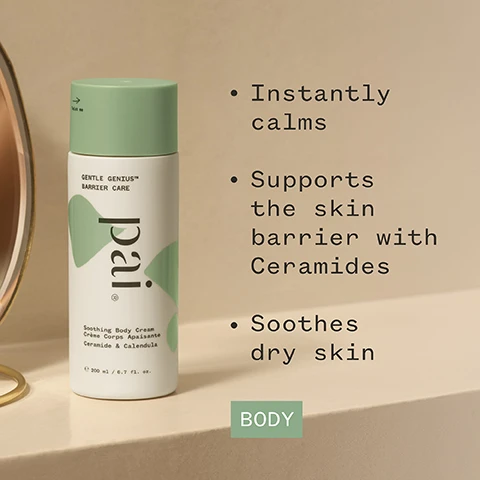 Image 1 - An illustrated body cream bottle with a light green cap has text highlighting its benefits: instantly calms, supports the skin barrier with Ceramides, and soothes dry skin, alongside a green box labeled BODY.