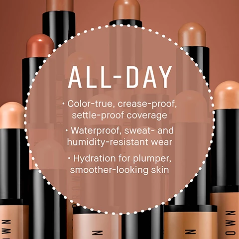 Image 1 - A collection of makeup sticks with various shades is displayed against a warm brown background, featuring large text that reads ALL-DAY, with bullet points detailing features such as color-true coverage, waterproof wear, and hydration for smoother-looking skin.
Image 2 - An image showing color swatches for concealer shades with two main sections labeled Bluish-Purple Undereye Discoloration? and Greenish-Brown Undereye Discoloration? along with lists of corrective shades such as Extra Light Bisque, Light Peach, and Very Deep Peach.
Image 3 - Image shows three arms displaying various shades of a corrector stick with visible labels and numbers for each shade, from Porcelain Peach to Rich Peach, organized in rows. The left arm is light-toned, the middle arm is medium-toned, and the right arm is dark-toned. Visible text includes shade names and corresponding numbers from 1 to 16.
Image 4 - Image shows four skincare and makeup products from Bobbi Brown, arranged in a grid format, with step numbers and product descriptions: Step 1 - Vitamin Enriched Eye & Face Base, Prep, Prime & Moisturise; Step 2 - Skin Corrector Stick, Effortless Colour Correction; Step 3 - Skin Concealer Stick, Easy, Long-Lasting Concealer; Step 4 - Weightless Skin Foundation, Lightweight, Breathable, Hydrating.