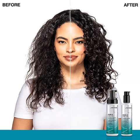 Image 2 - A before and after image showing a woman with frizzy curly hair labeled BEFORE on the left and defined curly hair labeled AFTER on the right, with two bottles of Joico Curls Like Us product at the bottom. Image 3 - Image shows a Joico Curl Like Us Hydrate & Define curl creme styler bottle next to text that says CELEBRATE YOUR CURLS Reduces frizz for hydrated, healthy-looking curls Strengthens hair and reduces breakage by 88%* Heat protection up to 232°C/450°F *Against combing breakage on damaged hair vs a non-conditioning shampoo and text on the bottle that says JOICO CURLS LIKE US HYDRATE & DEFINE curl crème styler HYDRATEZ ET DEFINISSEZ crème stylisante pour boucles HIDRATACIÓN Y DEFINICIÓN crema de peinado para rizos. Image 4 - A bottle of Joico Curls Like Us Hydrate & Define curl creme styler is pictured with surrounding imagery and text detailing ingredients including Algae oil Vegan protein and Moringa seed oil The bottle text reads Joico CURLS LIKE US HYDRATE & DEFINE curl crème styler HYDRATEZ ET DÉFINISSEZ crème stylisante pour boucles HIDRATACIÓN Y DEFINICIÓN crema de peinado para rizos 6.7 fl oz U.S. / 200 ml e. Image 5 - Joico product collections Curls Like Us for all curl types Collection Pairings are shown featuring Hydrasplash for fine to medium curls that need hydration, K-Pak for damaged curls repair years of visible damage and fight future breakage at the same time, Moisture Recovery for thick coarse curls that need moisture, and Defy Damage for curls that look dry dull and lackluster protect and strengthen hair bonds.