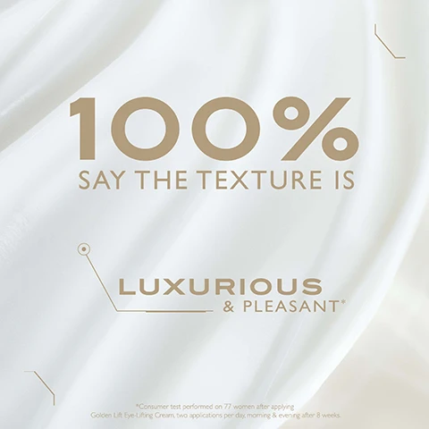 Image 1 - A smooth, cream-colored background features prominent text that reads 100% SAY THE TEXTURE IS LUXURIOUS & PLEASANT with a note about consumer testing below.
Image 2 - A model applies eye cream to her under-eye area while holding a jar of Lancaster Golden Lift Eye Lifting Cream, with text stating IN 2 WEEKS LIFTED EYE CONTOUR.
Image 3 - An arrangement of cream containers with beige lids, featuring the text ANTI-DARK CIRCLES ANTI-PUFFINESS.
Image 4 - A cream jar labeled Lancaster Golden Lift Crème Ultime Yeux - Eye-Lifting Cream is displayed with two small cream dollops and a swirl on a light background, featuring a customer review that reads Loved the product, nice scent, smooth and easy to apply, gentle to skin and delivered clear results, along with a rating of five stars and the name Yemi, Home Tester Club.
Image 5 - A close-up of a woman with smooth skin and dark hair, wearing large earrings; text highlights that 99% of participants experienced lifted eyebrows in two weeks, 97% saw lifted eye contour in two weeks, and states the entire eye contour area is lifted.
Image 6 - A woman with long brown hair is gently holding her face with one hand while demonstrating a beauty technique, with the text STEP 1 GUIDE FINGERTIPS ALONG THE UPPER & LOWER EYELIDS displayed on the image.
Image 7 - A woman with straight brown hair is demonstrating a facial technique, gently holding her eyebrow with one hand while the other hand is poised near her face, accompanied by the text that reads STEP 2 PERFORM LIFTING, GLIDING MOTION OVER THE EYEBROWS.
Image 8 - The image features three skincare products from the Lancaster Golden Lift line, including a serum and two creams, with the text detailing their usage instructions: GOLDEN LIFT TIGHTENING SERUM with 3-5 DROPS, GOLDEN LIFT EYE-LIFTING CREAM with 1 PEA-SIZED AMOUNT, and GOLDEN LIFT SCULPTING CREAM with 2 PEA-SIZED AMOUNT.