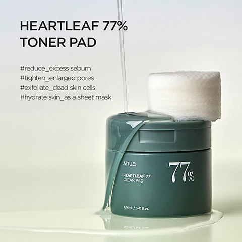 Image 1 - A green jar labeled Heartleaf 77% Clear Pad with product spilling out, accompanied by a cotton pad and text including hashtags for reducing excess sebum, tightening enlarged pores, exfoliating dead skin cells, and hydrating skin as a sheet mask.
Image 2 - Image showing three circular images of ingredients with descriptions: PHA for delicately exfoliating dead skin cells, Anti-Sebum P for reducing sebum and minimizing pores including 4 plant-derived extracts, and Heartleaf Extract for soothing skin and calming skin troubles, with the text GENTLE YET EFFECTIVE INGREDIENTS.
Image 3 - A hand holds a round, textured toner pad above a green container labeled Anua Heartleaf Clear Pad 77% while instructions on how and when to apply the product are displayed alongside it.
Image 4 - Image shows three stacked tubs of Anua Heartleaf Clear Pad, with a light green background, and text highlighting the products benefits: Cleanse Residue, Sebum & Dead Skin Cell, Tighten Enlarged Pores, and Formulated With Natural Ingredients, along with the claim of containing 77% Heartleaf Extract.
