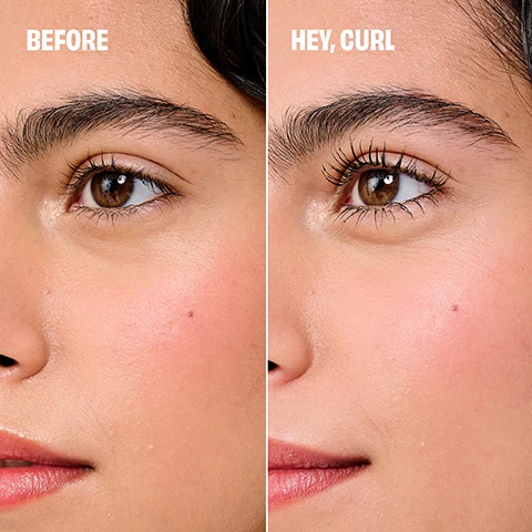 Image 1 - Image shows a close-up of a womans face, with the left side labeled BEFORE showing natural lashes and the right side labeled HEY, CURL showcasing curled and defined lashes.
Image 2 - A close-up of an eye with long, curled eyelashes, while a mascara brush is held above it, accompanied by text that reads HOOK ‘N’ ROLL BRUSH and Hooks, separates & extends for super curled lashes.
Image 3 - Image shows two different sizes of Benefit Roller Lash mascara, one labeled FULL and the other labeled MINI, with a close-up of each mascara wand.