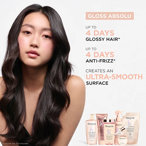 Image 1 - A young woman with long, wavy hair and a natural makeup look is featured on the left side of the image, while on the right, there is a list of benefits including UP TO 4 DAYS GLOSSY HAIR, UP TO 4 DAYS ANTI-FRIZZ, and CREATES AN ULTRA-SMOOTH SURFACE, alongside product packaging from the brand Kérastase.
Image 2 - Image shows four side-by-side comparisons of hair before and after treatment; the top two sections depict a blonde woman with wavy hair in before and straight hair in after, and the bottom two sections show a woman with long black hair before and smooth hair after, with product images of Kérastase hair care included beside the lower comparison sections. Visible text includes BEFORE and AFTER in each section.
Image 3 - Three test tubes containing different liquids: the first labeled Hyaluronic Acid, which is said to create a smoother surface; the second labeled Glycolic Acid, known to seal cuticles for long-lasting shine; and the third labeled Wild Rose in Oil, described as for a sensorial fragrance.
Image 4 - A man with dark curly hair smiles at the camera, holding a bottle of hair product, with additional products visible on the table; the image includes the text Gloss Absolu, The Professional Inside, HOVIG ETOYAN, and a quote about client preferences for hair products.