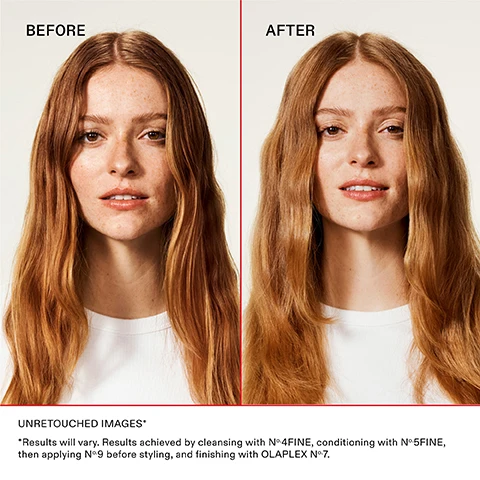 Image 1 - A woman with long, wavy red hair is shown in two side-by-side images labeled BEFORE on the left and AFTER on the right, with visible text below stating UNRETOUCHED IMAGES and details about hair care products used.
Image 2 - A chart detailing everyday hair concerns with columns labeled Hair Concern, Healthy Hair Goal, and How it Feels, including descriptions such as weighed down and lacks volume, volumizes and strengthens, and lightweight, luxe lather, alongside images of OLAPLEX No. 4 and No. 5 shampoo and conditioner bottles.
Image 3 - Image shows a graphic titled Test Your Hair Texture — Fine or Medium to Coarse? with instructions on testing hair texture, a comparison of fine versus medium to coarse hair, and displayed products including OLAPLEX N°4 FINE SHAMPOO and N°5 FINE CONDITIONER alongside N°4 and N°5 SHAMPOO & CONDITIONER, with visible text as transcriptions: Can you feel the strand? No, I hardly feel it Yes, I can easily feel it Your Hair Texture Fine Medium to coarse Your Every-Wash Duo N°4 FINE & N°5 FINE SHAMPOO & CONDITIONER.