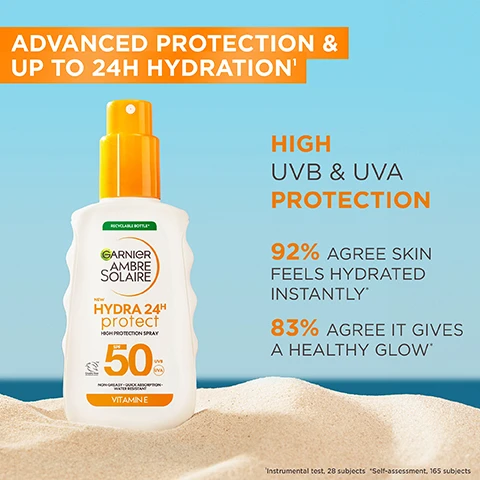 Image 2 - A bottle of Garnier Ambre Solaire sunscreen spray with a white and orange design sits on a sandy beach, accompanied by text stating advanced protection, high UVB & UVA protection, and statistics about skin hydration and glow.
Image 3 - An orange gel-like droplet is surrounded by a smooth, white cream, with labels pointing to key ingredients: Glycerin, Vitamin E, and Shea Butter.
Image 4 - A blue background with clusters of water droplets is depicted, accompanied by the text LIGHTWEIGHT TEXTURE and descriptions stating ABSORBS QUICKLY, NON-GREASY & NON-STICKY, INVISIBLE FINISH, NO WHITE CAST, and WATER, SWEAT & SAND-RESISTANT.
Image 5 - An image of a bottle of Garnier Ambre Solaire sun protection spray with instructions on how to use it, stating three steps: STEP 1. SPRAY PRODUCT ONTO HANDS, STEP 2. APPLY ONTO SKIN BEFORE SUN EXPOSURE, STEP 3. RE-APPLY FREQUENTLY AND GENEROUSLY TO MAINTAIN PROTECTION.
Image 6 - A young man with curly hair poses next to a sunscreen bottle labeled LOréal Men Expert Hydra Energetic SPF 50+, with the text ALWAYS WEAR SUN PROTECTION and BECAUSE YOURE WORTH IT.
Image 7 - Image of two bottles of LOréal Men Expert Hydra Energetic sunscreen on an orange background, with text highlighting features such as non-oily, invisible finish even on beards, UVA & UVB protection, and skin feels hydrated and refreshed.
Image 8 - A young man with curly hair is applying a cream to his face, smiling, with an orange background and text that reads EASY TO APPLY, LIGHTWEIGHT FORMULA, and NON-STICKY.