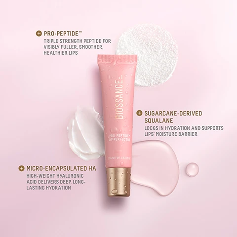Image 10 - The image shows text defining Pro-Peptide and a product tube, with the text WHAT IS PRO-PEPTIDE™? This lip-specific, biotech-derived tripeptide helps stimulate lips’ natural hyaluronic acid production for advanced moisture, smoothness, and visibly improved volume over time. PRO-PEPTIDE LIP PERFECTOR 15G/NET WT. 0.53 US OZ BIO. Image 7 - A pink tube of Biossance Pro-Peptide Lip Perfector with water droplets includes text overlays reading + PRO-PEPTIDE™ TRIPLE STRENGTH PEPTIDE FOR VISIBLY FULLER, SMOOTHER, HEALTHIER LIPS, + SUGARCANE-DERIVED SQUALANE LOCKS IN HYDRATION AND SUPPORTS LIPS MOISTURE BARRIER, + MICRO-ENCAPSULATED HA HIGH-WEIGHT HYALURONIC ACID DELIVERS DEEP, LONG-LASTING HYDRATION, and on the tube BIOSSANCE:: PRO-PEPTIDE™ LIP PERFECTOR 15G/NET WT. 0.53 US OZ. Image 8 - Close-up of a face with glossy lips and text 24-Hour Hydration, Noticed by 100% of participants¹, 100% Agree lips appear instantly more voluminous¹, 100% Agree dry, parched lips feel rescued immediately after use¹. Image 9 - Close-up of a person applying a lip treatment with text overlay reading TRIPLE-TREAT YOUR LIPS DELIVERS INSTANT + 24-HOUR HYDRATION PROVIDES MOISTURE BARRIER SUPPORT VISIBLY IMPROVES LIP HEALTH, VOLUME, AND SMOOTHNESS and text on the product PRO-PEPTIDE LIP PERFECTOR.