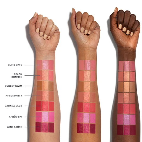 Image 1 - Three arms with various skin tones display rows of swatches in shades of pinks and nudes, labeled from left to right with colors including Blind Date, Beach Bonfire, Sunset Swim, After Party, Cabana Club, Après-Ski, and Wine & Dine.
Image 2 - A makeup compact with three blush products labeled as Satin Cream, Luminous Balm, and Velvet Powder, set against a textured pink backdrop.
Image 3 - A horizontal image showing nine different shades of makeup with their names and descriptions: Wine & Dine - rich berry, Cabana Club - vibrant watermelon, Après-Ski - cool pink, Blind Date - midtone pink, After Party - nude rose, Beach Bonfire - coral peach, Sunset Swim - nude bronze.
Image 4 - A beauty tutorial image shows a model applying makeup in three steps, with visible product names and instructions: Velvet Powder, Satin Cream, and Luminous Balm, alongside the text THRILLING COLOR IN 3 EASY STEPS and SHADE: BLIND DATE.