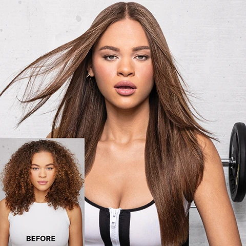 Image 1 - A woman with long, straight brown hair wearing a white and black zippered top is shown in the main image, while a smaller inset in the bottom left shows the same woman with short curly brown hair, wearing a white tank top, with the text BEFORE. Image 2 - A silver bottle of WOW Color Wow Extra Strength Dream Coat Ultra-Moisturizing Anti-Frizz Treatment, 200 ml e 6.7 FL OZ, is partially covered by a wet, clear surface, with a list of benefits beside it including Glossy, glassy, frizz-proof blowouts, For extra dry/very curly hair, Water-resistant: Hair wont re-frizz, Lasts 3-4 shampoos, Alcohol-free, and Heat protection.