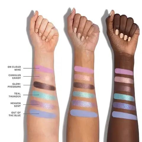 Image 1 - Three arms with swatches of cosmetics in various colors are displayed against a white background, with the left arm showing six swatches labeled On Cloud Mine, Cumulus Candy, Glow-Pressure, Teal Thunder, Heaven Sent, and Out of the Blue, while the middle arm and right arm show similar swatches without labels.
Image 2 - A collection of six colorful eyeshadow swatches in various shades, labeled from 01 to 06, with visible names as follows: 01 On Cloud Mine, 02 Cumulus Candy, 03 Glow-Pressure, 04 Teal Thunder, 05 Heaven Sent, and 06 Out of the Blue.
Image 3 - A close-up image of an eye showcasing shimmery pink and purple eyeshadow, with three shades of eyeshadow in the bottom left corner labeled 01, 02, and 03.
Image 4 - Close-up of an eye featuring iridescent eyeshadow in shades of purple and teal, with visible swatches labeled 01, 02, 04, and 05 below.
Image 5 - An image featuring textured cosmetic powders in various shades of brown and pink, with text blocks describing the benefits of a chromaplus blend including pigment-packed performance, all-day creaseproof wear, and luxurious blendability and buildability.
Image 6 - A display of three eyeshadow palettes with vibrant shades, featuring text that reads INFINITE BUT COMPACT CURATIONS, NEXT-GEN FORMATS Choose from 6- or 12-pan palettes—designed for any mood and every moment, ENDLESS EXPRESSION Build versatile looks with timeless and trending shades, and READY WHEN YOU ARE Apply on the go with a built-in mirror.
Image 7 - Image showing four types of eyeshadow finishes with descriptions: Seamless Mattes with pink texture and description, Luminous Shimmers with a shimmery brown texture and description, High-Shine Metallics with a bright teal texture and description, and Ultrareflective Molten Metals with a soft pink metallic texture and description; visible text reads EXPRESSIVE FINISHES. EFFORTLESS DIMENSION.Image 8 - A swatch of pink metallic eyeshadow and an open palette with six eyeshadow pans, one showing a split view of the metallic shade applied dry and wet, with the Morphe logo, and the text MEET MOLTEN METAL EYESHADOW Exclusive formula-flexing shadow in ChromaPlus 6-Pan Eyeshadow Palettes Apply dry for luminous effects Apply wet for molten-like shine Just spray your brush tip with Continuous Setting Mist before picking up and gliding along lash lines or creases MORPHE M.