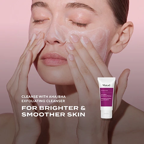 Image 2 - A woman with her eyes closed applies a white cleanser to her face, with a Murad AHA/BHA Exfoliating Cleanser product tube visible to her right, and text that reads CLEANSE WITH AHA/BHA EXFOLIATING CLEANSER FOR BRIGHTER & SMOOTHER SKIN Murad. HYDRATION AHA/BHA Exfoliating Cleanser Nettoyant exfoliant aux AHA/BHA. Image 3 - A woman with a dab of serum on her cheek looks up, with a Murad Vita-C Glycolic Serum bottle beside her, and text reading Treat with Vita-C Glycolic Serum For brighter, smoother skin in just 2 weeks* *Proven results reported by trial participants in a 2-week clinical study, using Murad Vita-C Glycolic Serum. The bottle shows Murad Vita-C Glycolic Serum Serum glycolique Vita-C. Image 4 - A woman with glowing skin has a dollop of cream on her cheek, with a product jar in the foreground, and the text reads: MOISTURISE WITH RESTORATIVE HYDRO- HYALURONIC CREAM FOR RADIANT & YOUTHFUL LOOKING SKIN IN JUST 2 WEEKS *Technology tested after 4 weeks of continuous use of Murad Restorative Hydro-Hyaluronic Cream, and on the jar Murad. Restorative Hydro-Hyaluronic Cream Crème restauratrice hydro-hyaluronique. Image 5 - A before and after comparison shows a close-up of a persons facial skin, with the top image labeled Before Vita-C Glycolic Serum displaying noticeable dark spots, and the bottom image labeled After 4 weeks showing visibly reduced dark spots and more even skin tone. Image 6 - The image shows a guide titled HOW TO USE OUR GLOWY SKIN DISCOVERY KIT, outlining a three-step skincare routine on a pink background: 01 Cleanse features a white tube of Murad Hydration AHA/BHA Exfoliating Cleanser Nettoyant exfoliant aux AHA/BHA for day and night use; 02 Treat features an orange bottle of Murad Vita-C Glycolic Serum Serum glycolique Vita-C for day and night use; and 03 Moisturise features a white jar of Murad Restorative Hydro-Hyaluronic Cream Crème restauratrice hydro-hyaluronique for day and night use.