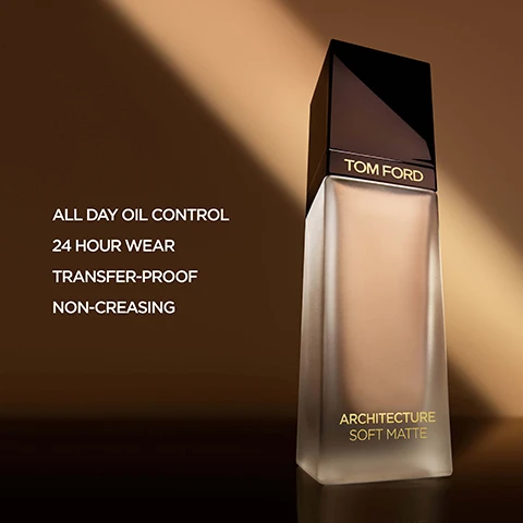 Image 4 - A tall, rectangular frosted glass bottle of foundation with a dark cap, featuring the text Tom Ford and Architecture Soft Matte, stands on a brown and gold background, with additional product features listed as All Day Oil Control, 24 Hour Wear, Transfer-Proof, Non-Creasing. Image 5 - Two Tom Ford foundation bottles, one frosted labeled Soft Matte and one golden labeled Radiant, are displayed on a reflective surface against a brown background, accompanied by the text CHOOSE YOUR FOUNDATION, SOFT MATTE ARCHITECTURE SOFT MATTE BLURRING FOUNDATION TRANSFER-PROOF HUMIDITY RESISTANT ALL-DAY OIL CONTROL, RADIANT SHADE AND ILLUMINATE SOFT RADIANCE FOUNDATION SPF 50 ALL DAY WEAR BRIGHTENS SKIN NOURISHING SKINCARE, and SHADES CAN BE ADJUSTED TO INDIVIDUAL PREFERENCE.