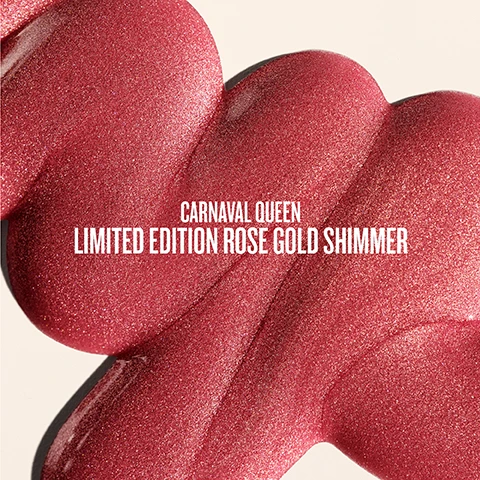 Image 2 - A close-up shows a thick, wavy smear of rose gold shimmering cosmetic product on a light background, with the text CARNAVAL QUEEN LIMITED EDITION ROSE GOLD SHIMMER. Image 3 - Close-up of dark, glistening skin on a persons chest with a hand resting on it and a light fabric strap visible, displaying the text TRANSFER-RESISTANT BARELY-THERE FEEL. Image 4 - Three shimmering makeup swatches are visible on two different skin tones, one dark and one lighter, with the text Three Sheer Shimmering Finishes Rio Sunset Copacabana Bronze Carnaval Queen. Image 5 - A radiant woman with long dark hair, wearing a white top and a gold necklace, smiles brightly with illuminated skin, with the text ILLUMINATING HYDRATION visible across the image. Image 6 - The image displays a cross-section of an aloe vera leaf with gel, a vibrant red and white swirled cream, several clear oil drops, and a cross-section of a cupuaçu fruit with creamy pulp, alongside text that reads Aloe Vera Extract Helps Retain Moisture, Nourishing Oil Blend Softens Skin, and Cupuaçu Butter Deeply Nourishes & Hydrates. Image 7 - A silver spoon overflows with gooey caramel, blanched almonds, green pistachios, a vanilla bean, and salt flakes, with the text Irresistible Scent Pistachio Salted Caramel Vanilla on a light background.