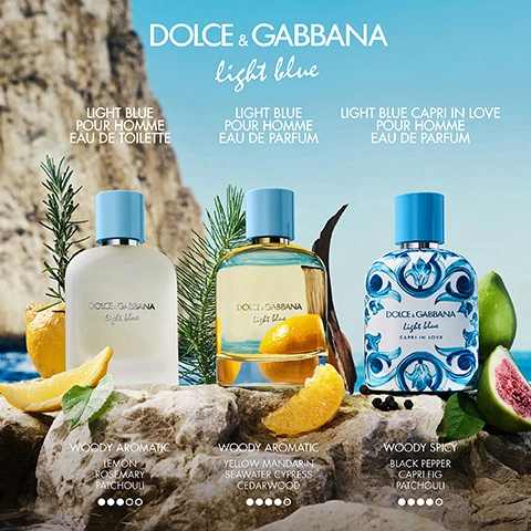 Image 1 - Three distinct Dolce & Gabbana Light Blue fragrance bottles for men, each with a light blue cap, are arranged on sunlit rocks against a bright blue sky and sea, surrounded by lemons, mandarins, rosemary, figs, and black peppercorns, with visible text reading DOLCE & GABBANA light blue, Light Blue Pour Homme Eau de Toilette, Woody Aromatic, Lemon, Rosemary, Patchouli, Light Blue Pour Homme Eau de Parfum, Woody Aromatic, Yellow Mandarin, Seawater Cypress, Cedarwood, Light Blue Capri In Love Pour Homme Eau de Parfum, Woody Spicy, Black Pepper, Capri Fig, Patchouli. Image 2 - The image shows a man and woman in white swimwear sitting in a white inflatable boat on blue water with a rocky arch in the background, alongside two pale yellow Dolce & Gabbana Light Blue perfume bottles, with text reading DOLCE & GABBANA light blue THE NEW EAU DE PARFUM.