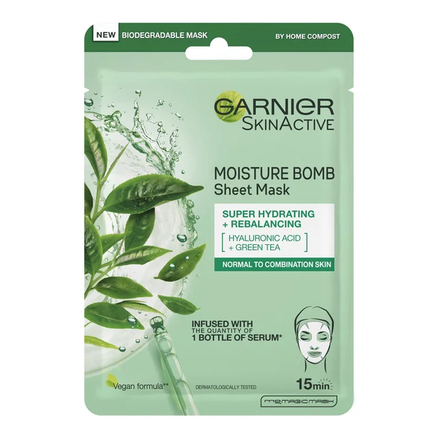 Garnier Moisture Bomb Masque pour le Visage Hydratant au Thé Vert pour Peaux Mixtes 32 g