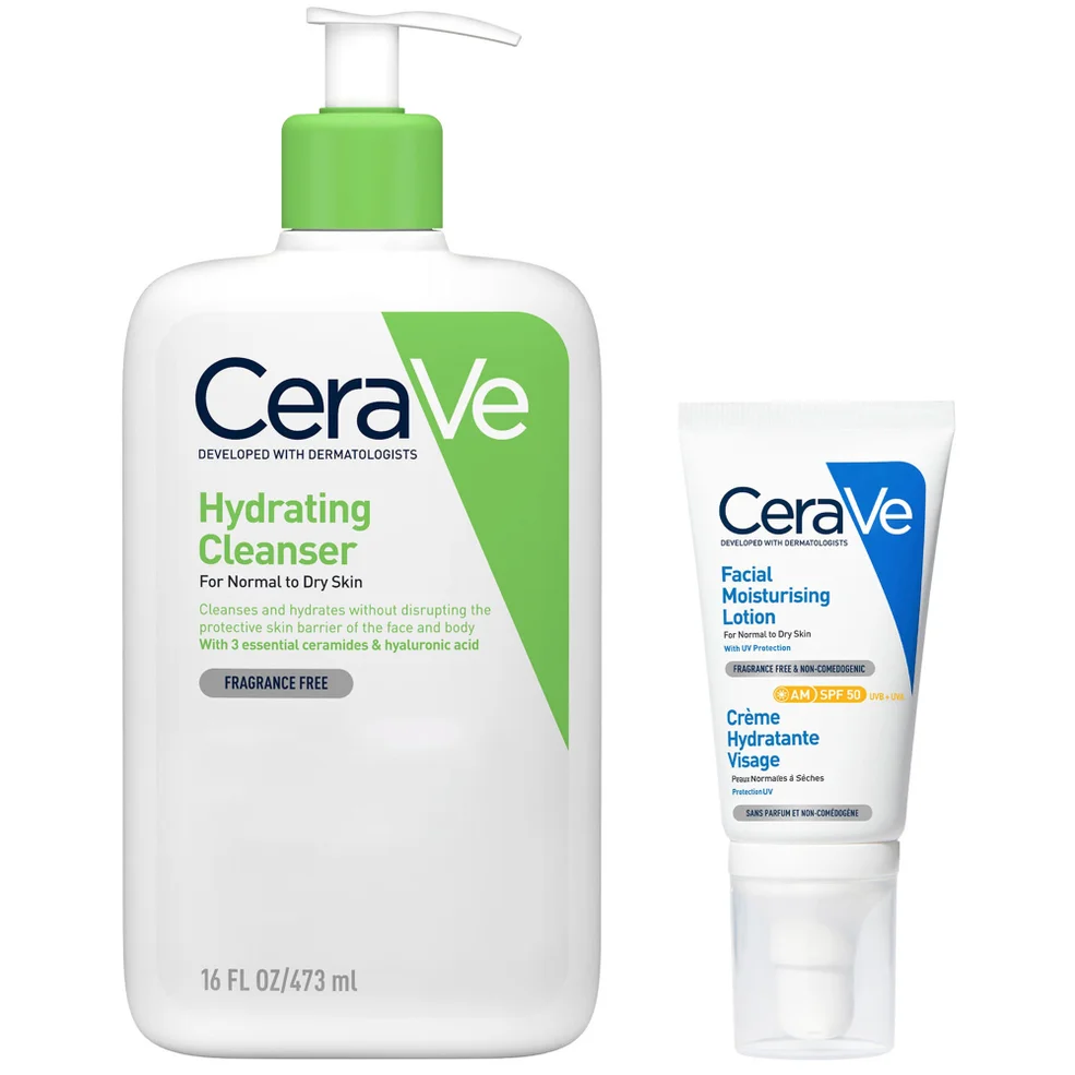 CeraVe Cleanse and Protect Face Routine for Dry Skin, Hydrating Cleanser and Facial Moisturiser with SPF 50Image1