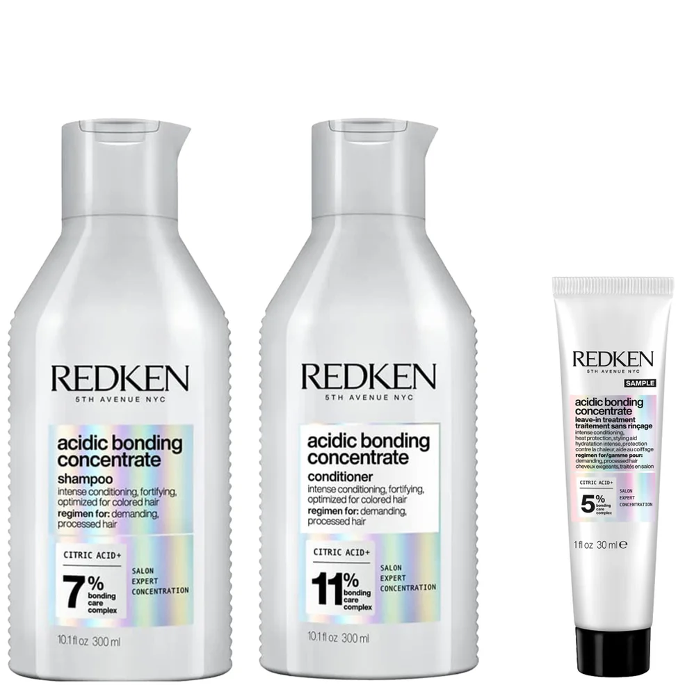 Redken Acidic Bonding Concentrate Shampoo and Conditioner 300ml with Leave-In Treatment Travel Size 30ml, Bond Repair BundleImage1