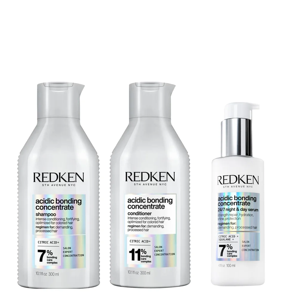 Redken Acidic Bonding Concentrate Shampoo 300ml, Conditioner 300ml and 24/7 Night & Day Serum 100ml Repair Damaged Hair BundleImage1