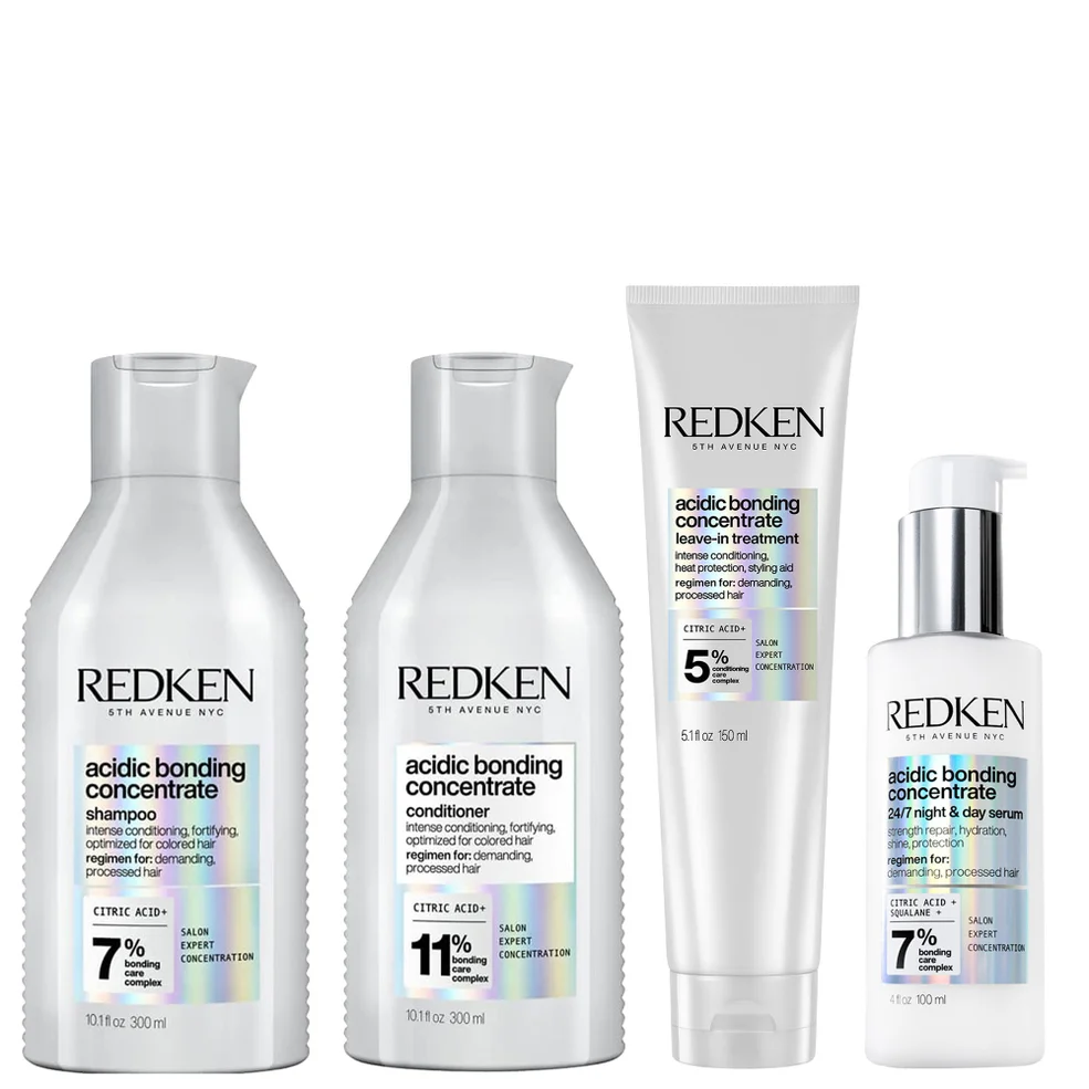 Redken Acidic Bonding Concentrate Shampoo 300ml, Conditioner 300ml, Leave-in Treatment 150ml and 24/7 Night & Day Serum BundleImage1